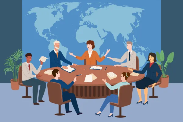 Grafika ilustrująca spotkanie polityków przy okrągłym stole 