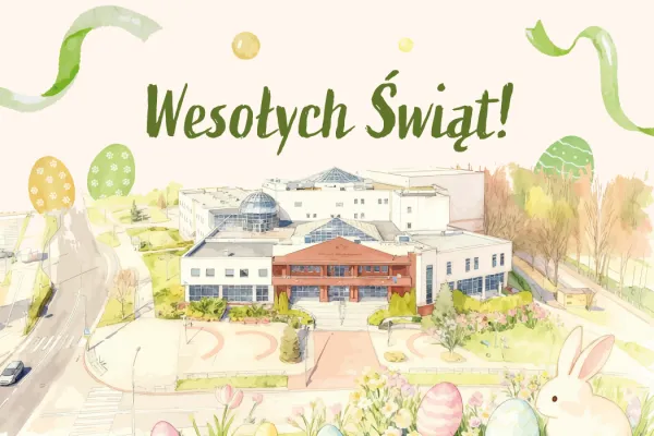 Wielkanocna grafika z napisem ‘Wesołych Świąt!’, przedstawiająca budynek uniwersytecki, pisanki, kwiaty i zająca.