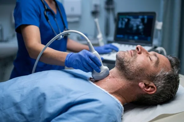 Badania usg tarczycy u leżącego mężczyzny, fot. pixabay.com