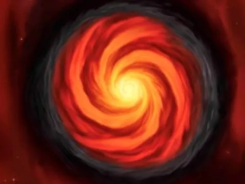 Wizja artystyczna czterech ramion spiralnych dysku otaczającego masywną protogwiazdę G358-MM, gdzie zarejestrowano epizodyczną akrecję pozwalającą na zbudowanie masywnej gwiazdy.