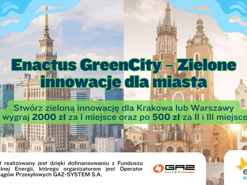 Plakat z nazwą programu przedstawiający w tle budynki symbolizujące Warszawę oraz Kraków