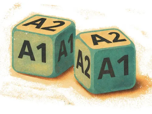 Grafika do tekstu przedstawiająca kostki do gry z wariantami A1 i A2