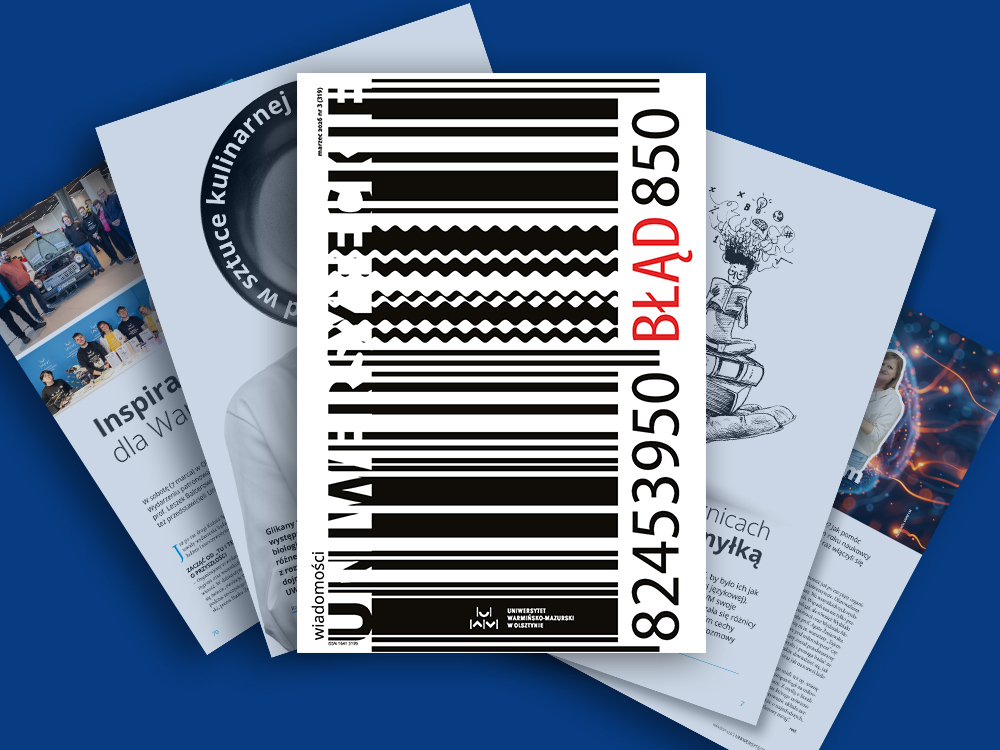 Okładka ostatniego marcowego wydania „Wiadomości Uniwersyteckich” z graficznym motywem kodu kreskowego, w którym część cyfr zastąpiono czerwonym napisem „BŁĄD”