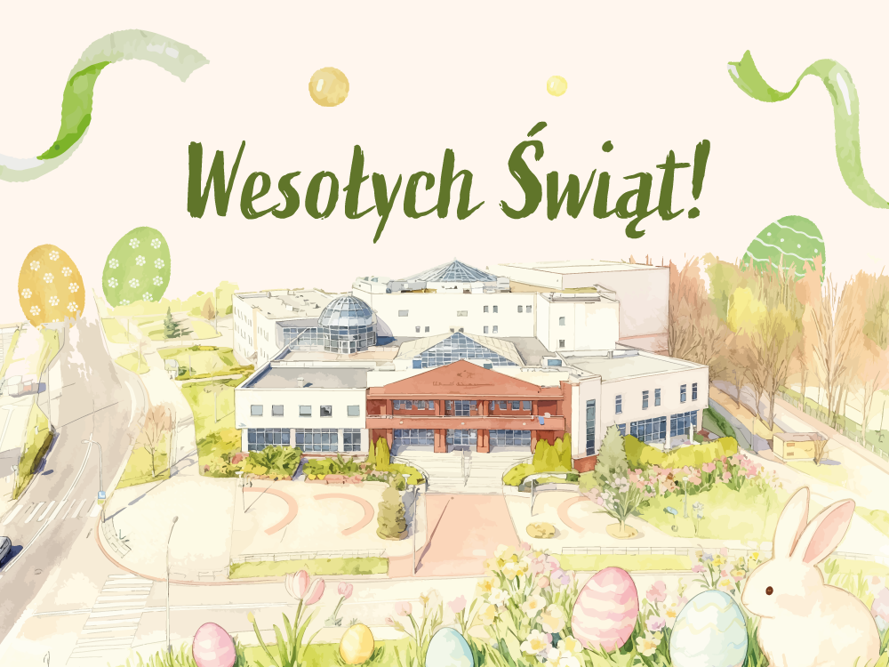 Wielkanocna grafika z napisem ‘Wesołych Świąt!’, przedstawiająca budynek uniwersytecki, pisanki, kwiaty i zająca.