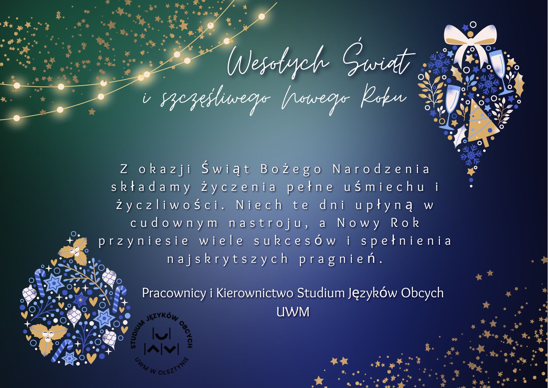 Kartka z życzeniami z okazji świąt bożego narodzenia. Treść: wesołych świąt i szczęśliwego nowego roku. Z okazji świąt bożego narodzenia, składamy życzenia pełne uśmiechu i życzliwości.</body></html>